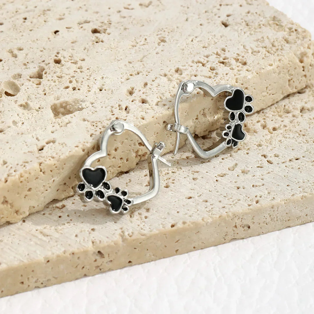 Heart-Paw Hoops – Silver Animal Motif Earrings with Black Enamel Design