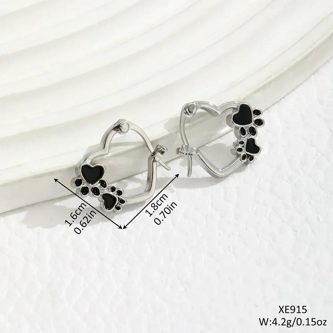 Heart-Paw Hoops – Silver Animal Motif Earrings with Black Enamel Design